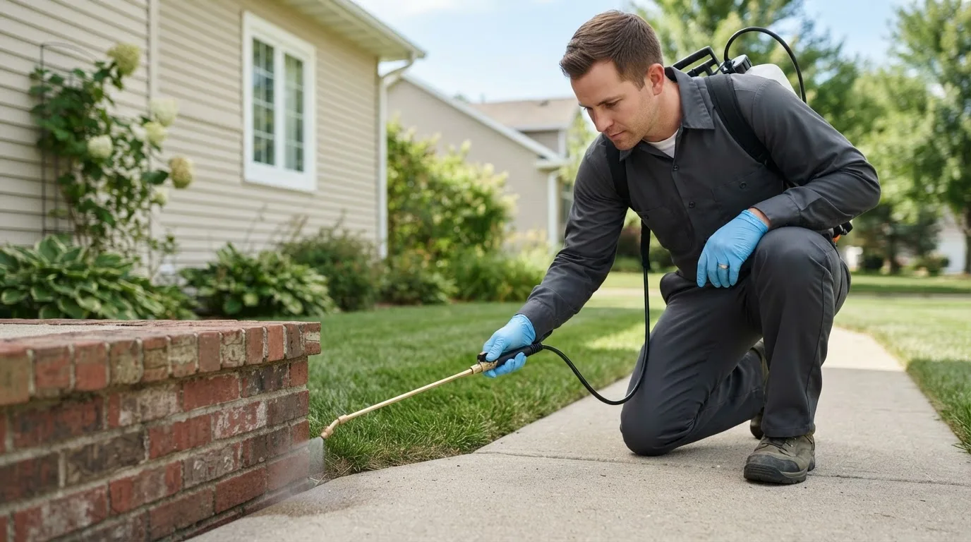Pest control technician treating a home near Colrain, MA